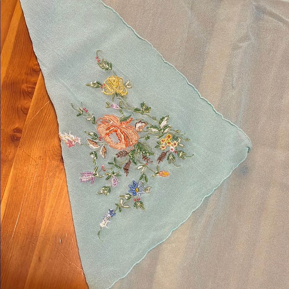 Vintage Chiffon Floral Embroidered Scarf in Light Blue - Picture 4 of 10